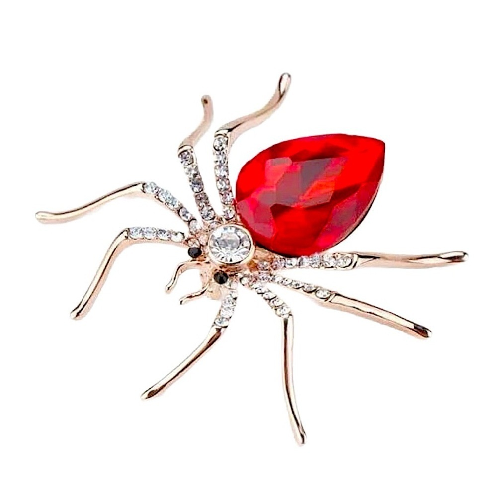 Elegant Red Gold Spider Brooch Glass Crystal Spider Pin
